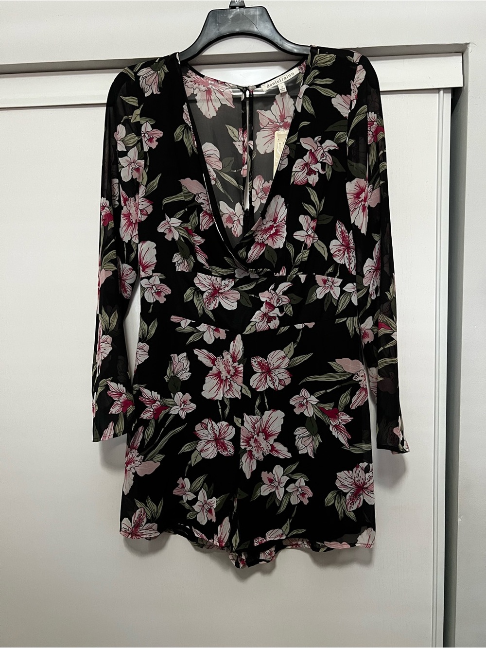 Daniel Rainn Black Long-Sleeve Floral Romper with Pink Blooms